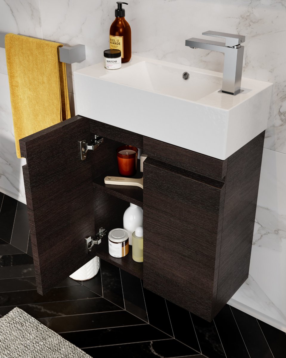 Matteo 51cm basin unit in wenge wood finish paired with the Tooga tap.