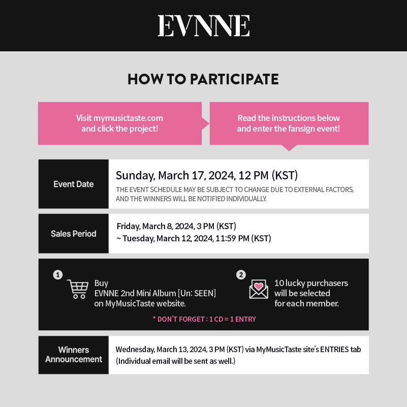 _mmtshop's tweet photo. 📣EVNNE 2nd Mini Album [Un: SEEN] 1:1 Global Video Call Event is now open!

🗓️Available until March 12, 11:59 PM (KST) 
📸MMT exclusive photocard
🎁Don’t forget to check out the winners’ benefits!

📲👉https://t.co/5imE89RDv9

#EVNNE #이븐 #Un_SEEN with #MMTShop https://t.co/uFDQVyJ1cz