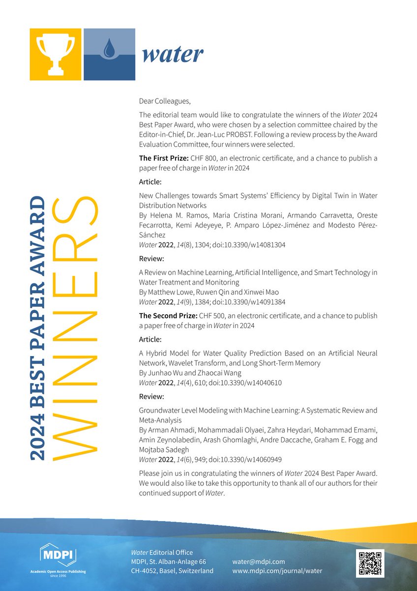 🏆#MDPIAwardWinners

We are pleased to announce the winners of the Water 2024 Best Paper Award. Congratulations!

Find more: mdpi.com/journal/water/…
