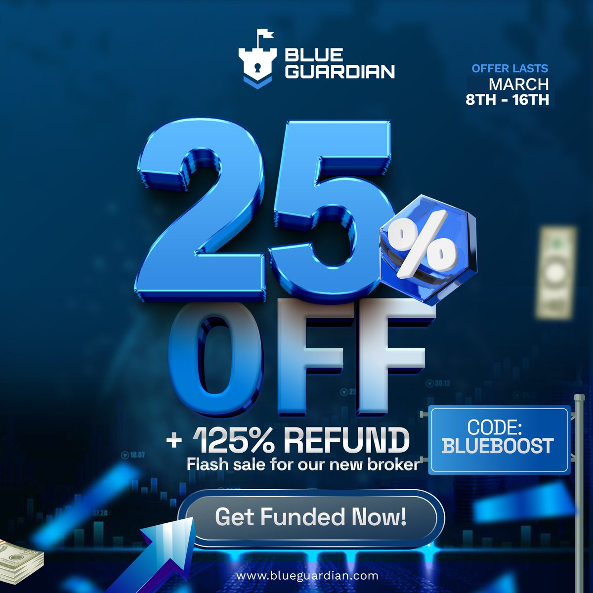 Blue Guardian on X: For a limited time only, enjoy 25% OFF and a 125%  REFUND! 🛡️ Use Code: BLUEBOOST Secure your funding TODAY at ➡️    / X