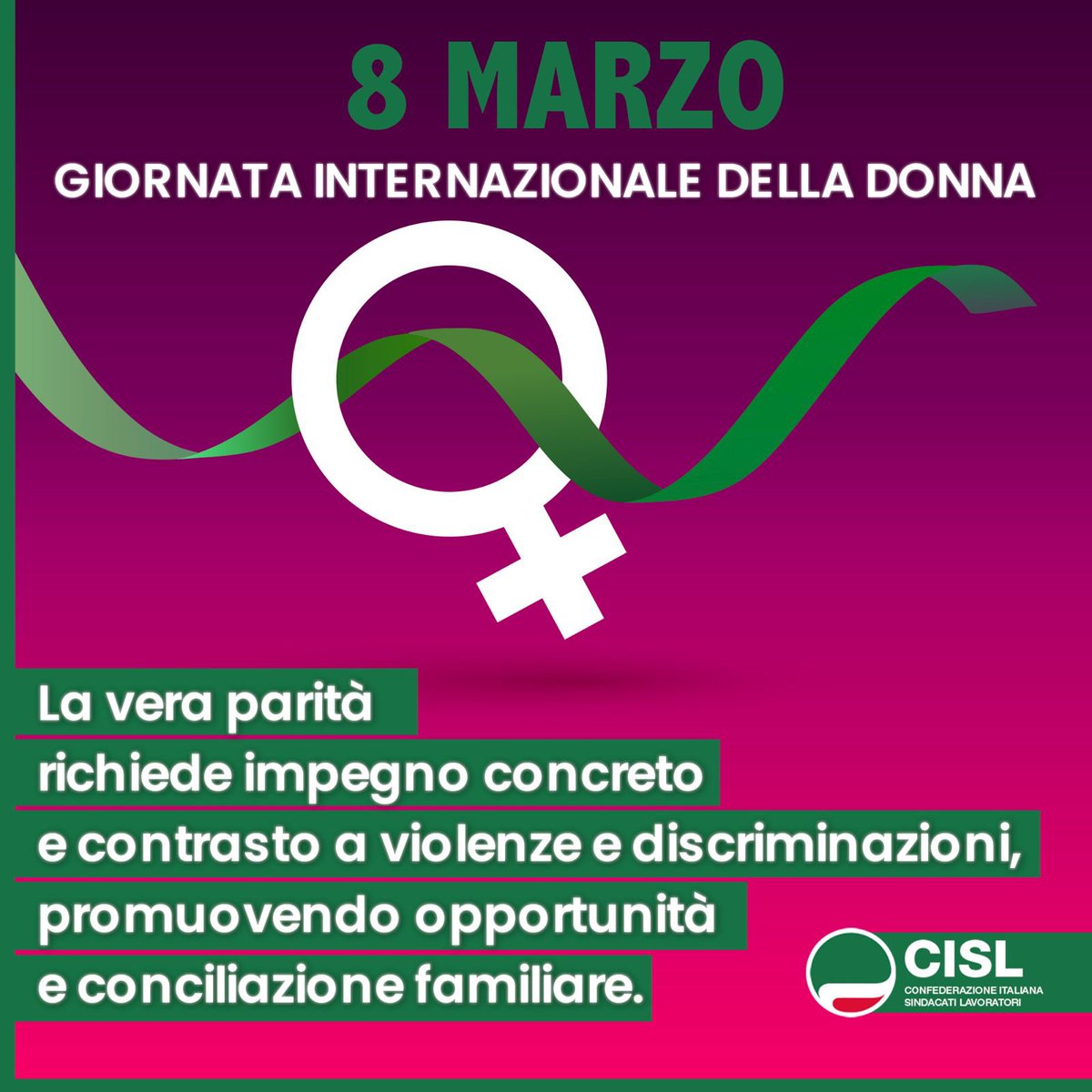 CislNazionale's tweet photo. “La vera parità non si veste di slogan, ma si costruisce nell’impegno a fianco e a sostegno di tutte le donne: nel mondo del lavoro, nella famiglia, nella cultura, nell’istruzione e nell’informazione. Dobbiamo contrastare ogni forma di violenza, molestia, discriminazione, esclusione, mobbing che le donne subiscono in ogni fase della vita. Servono pari opportunità di formazione, carriera e retribuzione, una migliore conciliazione famiglia-lavoro, più servizi e sostegni alla maternità: questa è la battaglia sindacale e culturale che la Cisl porta avanti. Buon 8 marzo!”: #LuigiSbarra 
#8marzo2024, Giornata Internazionale della Donna