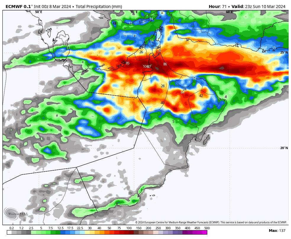 من تحديثات النماذج العددية هذا الصباح ومازالت تظهر فرص لهطول أمطار غزيرة إلى شديدة الغزارة على المحافظات الشمالية من سلطنة عُمان وتمتد فرص الأمطار لأجزاء من الوسطى وظفار ابتداءً من اليوم وتتركز خلال يوم غدٍ السبت  والله تعالى أعلم #اخدود_الريان