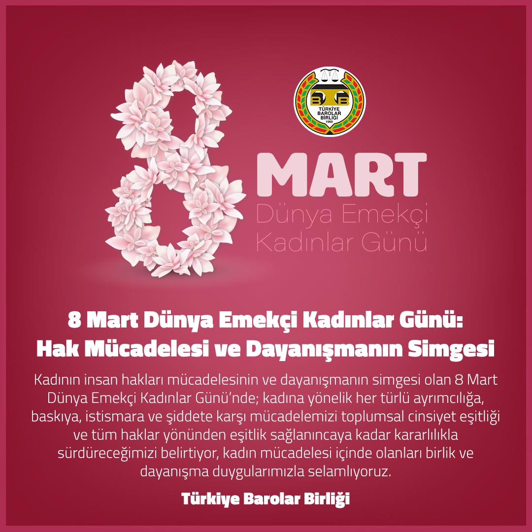 barolar's tweet photo. Kadının insan hakları mücadelesinin ve dayanışmanın simgesi olan #8MartDünyaEmekçiKadınlarGünü’nde; kadına yönelik her türlü ayrımcılığa, baskıya, istismara ve şiddete karşı mücadelemizi toplumsal cinsiyet eşitliği ve tüm haklar yönünden eşitlik sağlanıncaya kadar kararlılıkla sürdüreceğimizi belirtiyor, kadın mücadelesi içinde olanları birlik ve dayanışma duygularımızla selamlıyoruz.

Türkiye Barolar Birliği
