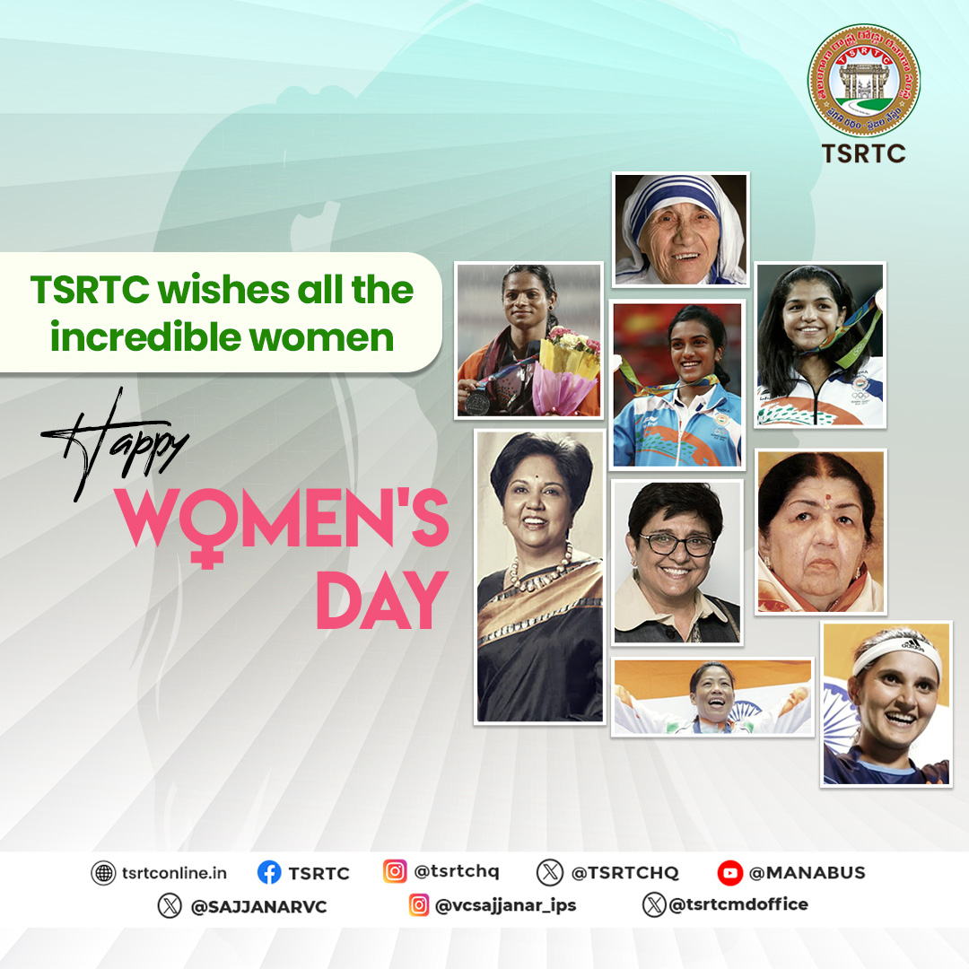 Happy International Women's Day from TSRTC! 

Celebrating women's strength and achievements today and every day.

#tsrtcbuses #tsrtc #transportation #women #womensday2024 #womensdayspecial #womensdaycelebration #transport #womenempoweringwomen #travel #traveladdict #travellife