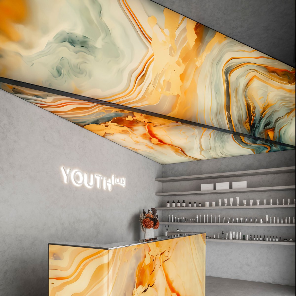 For Youth Lab the material palette is soft and subdued but with an air of professionalism.  Concrete tones create a base throughout with accents of the illuminated and non-illuminated artificially intelligent produced surfaces.