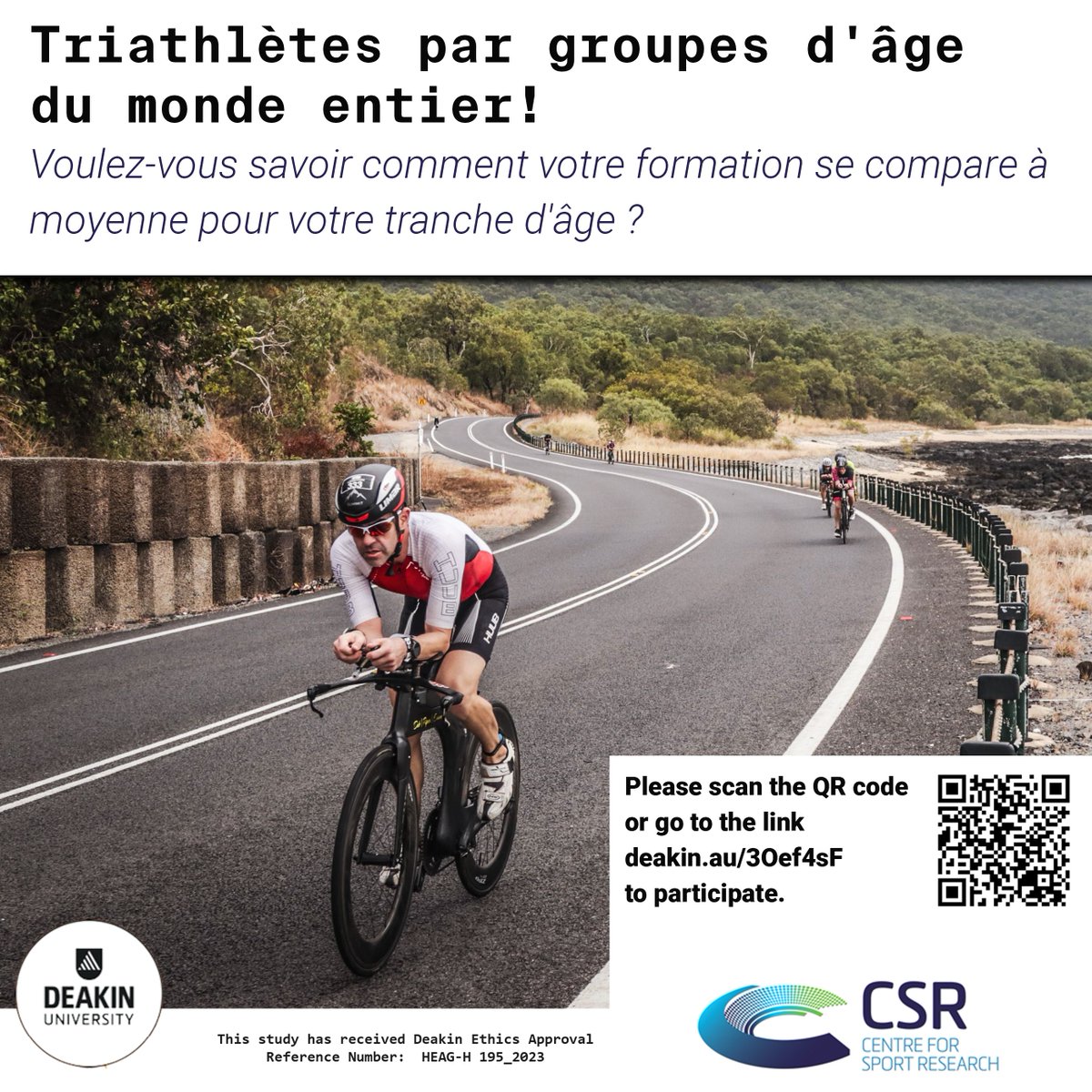 Participez à notre étude mondiale sur la charge d'entraînement des triathlètes ! 🔍 Exportez 6 mois de données de TrainingPeaks et répondez à une courte enquête. 🌟 Inscrivez-vous dès maintenant : deakin.au/3Oef4sF #RechercheTriathlon #DonnéesEntraînement 🌍🚴🏃🏊