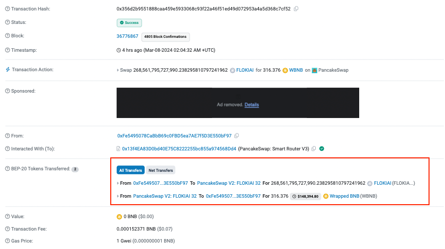 #PeckShieldAlert #slippage #FLOKIAI has dropped -100%
An address 0xFe54...0bF97 has swapped 268,561,795,727,990.23 #FLOKIAI for ~316.4 $BNB (worth ~$148K)
*Note*: The #rugpull token shares the same name as the legitimate ones