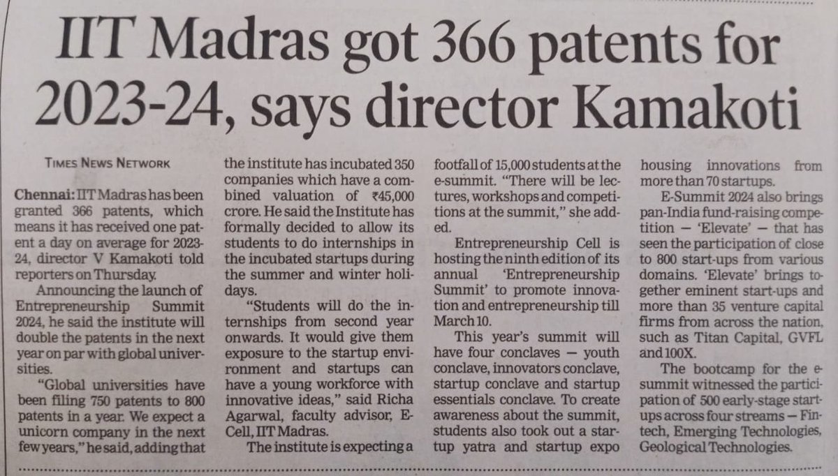 @iitmadras has achieved a milestone of 366 #patents, on an average of one #patent a day, for 2023-2024, says Prof. V. Kamakoti, Director, #IITM. The Institute intends to double the number of patents next year. Read at @timesofindia. timesofindia.indiatimes.com/city/chennai/i… @EduMinOfIndia