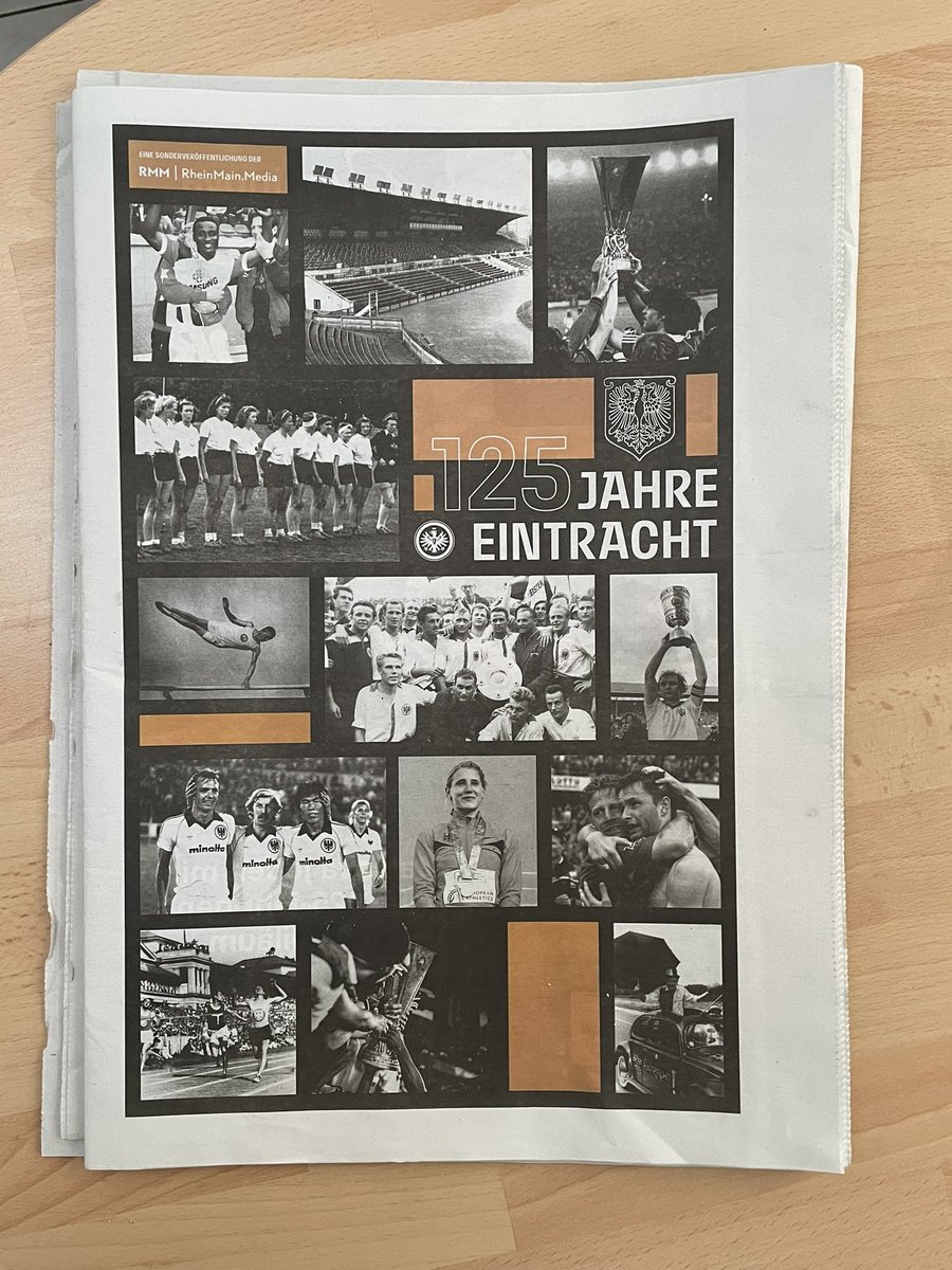 Schöne Beilage heute in den Zeitungen in Rhein-Main, hier das Exemplar aus der Frankfurter Rundschau. Die Überschriften an der Hymne orientiert, „Im Herzen von Europa“ bis „Du schaffst es wieder …“ 
Habt Ihr gut gemacht. 🦅 #Eintracht125