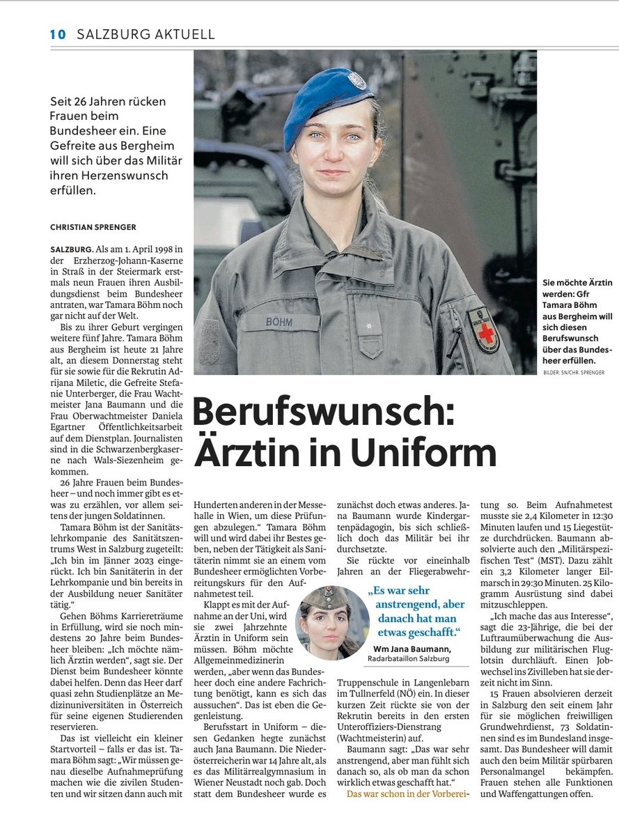 "Tamara Böhm will und wird dabei ihr Bestes geben, neben der Tätigkeit als Sanitäterin nimmt sie an einem vom #Bundesheer ermöglichten Vorbereitungskurs für den Aufnahmetest teil." <a href="/sn_aktuell/">SN aktuell</a>