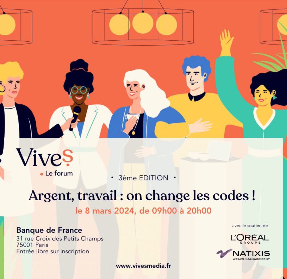 C'est le 8 mars! Le Forum @MediaVives 'Argent, travail: on change les codes!' sera à la @banquedefrance .@AmelieWT, DRH AXA France interviendra lors d’une table ronde. Découvrez le programme : eventbrite.fr/e/billets-foru…