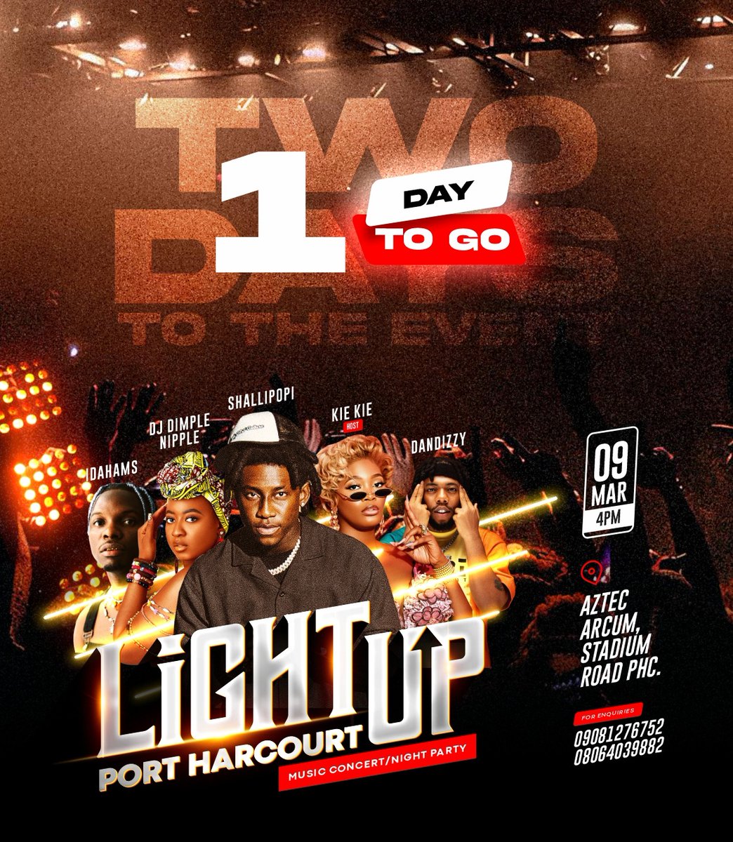 PHMicroscope's tweet photo. And yes it's just one more day to go. We are lighting up Port Harcourt tomorrow 9th March 2024 at Aztech Arcum Stadium RD PH.
Get your tickets if you're yet to do that. Available at all Kilimanjaro & Market Square outlets.
.
#LightUpPH Buju Chioma Anthony Joshua Davido Magodo https://t.co/ZniJOSYcLP