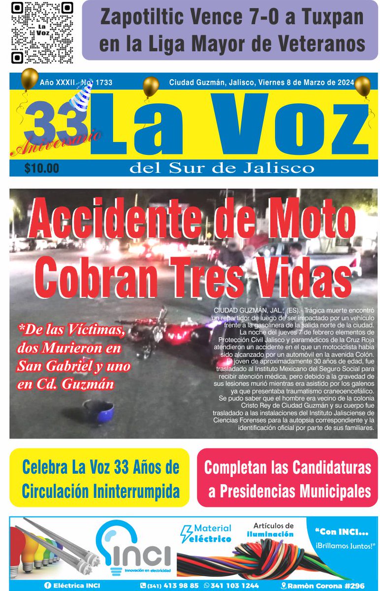 LaVozdelSurJal's tweet image. Bueno día🌞 Ya está en venta la edición 1733 de La Voz del Sur de Jalisco en donde encontrará los detalles de los #Accidentes que cobraron 4 vidas, los candidatos a munícipes del #Distrito19 #Deportes, #Opinión y una semblanza por nuestro #33Aniversario Búscanos en Tiendas Kiosko