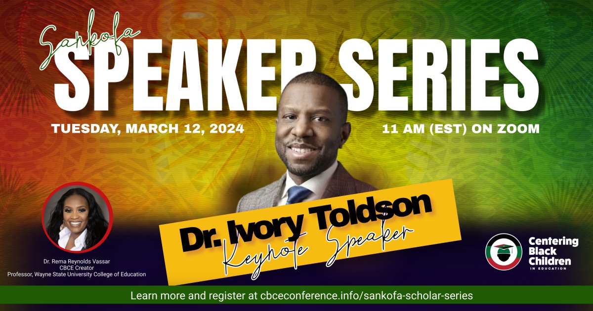 Professor @RemaReynoldsPhD's @CBCEConference 2024 Scholar Series May presentation features Dr. Ivory Toldson (@toldson). He will discuss his journey and how Black men can support Black women in higher education on Mar. 12 at 11 AM. cbceconference.info/sankofa-schola…