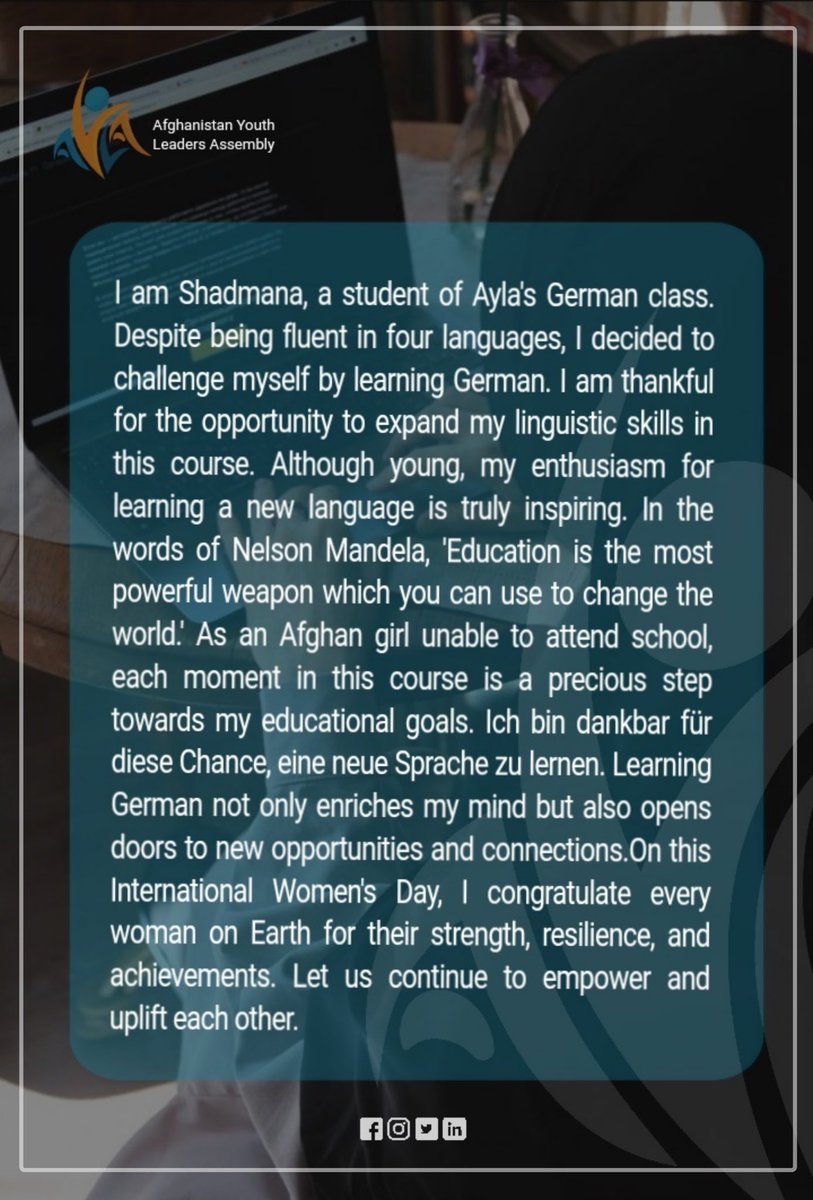 Shadmana Shukran German Language Student.

Happy Women’s Day!!

#InternationalWomensDay #Empowerment #Eduwcation #AYLA #WomenInAcademia #Scholarships #round6