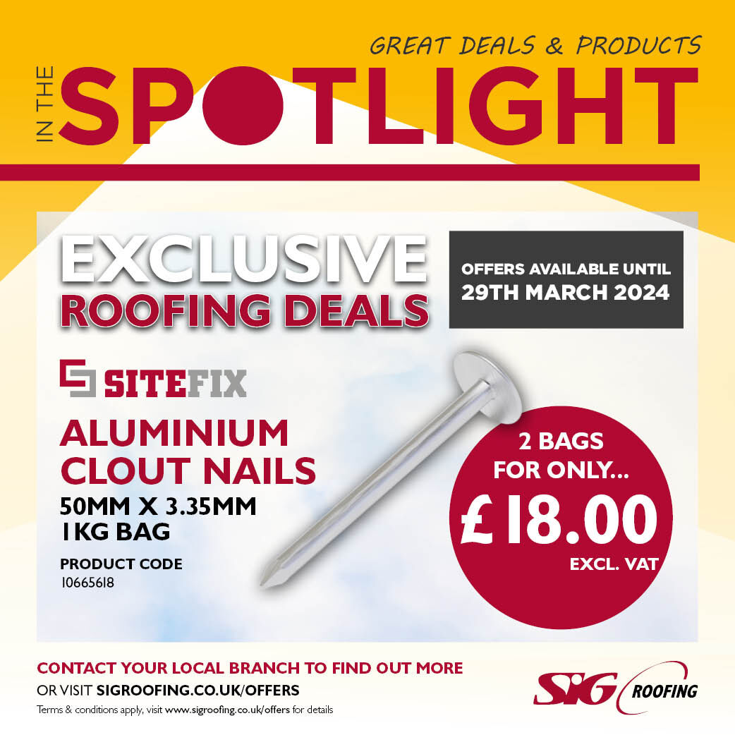 We've got a deal that really has clout! SiteFix Alluminim Clout Nails (Told you so 😜) on offer now, 2 bags for £18 at your SIG Roofing branch. Visit us today to find out more bit.ly/3hyxsND #Roofing #ExclusiveRoofingdDeals #Spotlightdeals