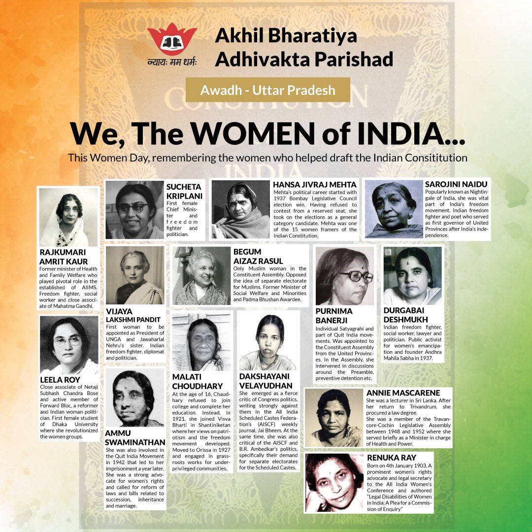 AdhivaktaP's tweet photo. On International Women’s Day, Akhil Bharatiya Adhivakta Parishad (Awadh Prant) salutes the women leaders of the Constituent Assembly and remembers their contribution to the making of modern India. https://t.co/TcAGisqFrr