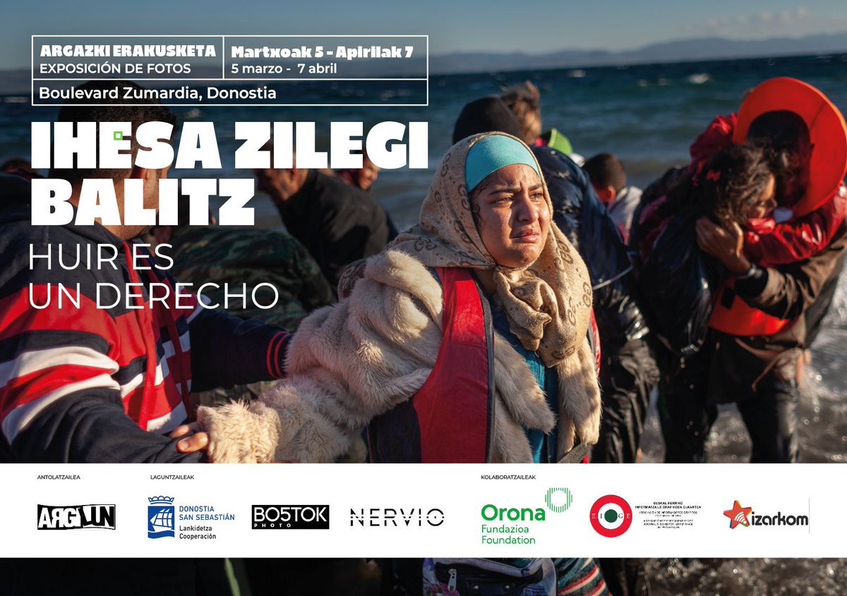 EIGEko kide diren <a href="/GariGaraialde/">Gari Garaialde</a>
 eta @javijuliophoto fotokazetariek #IhesaZilegiBalitz erakusketa jarri dute Donostiako Bulebarrean, paperik gabeko pertsona migranteek jasaten duten muga biolentzia agerian uzteko.
Eman izena bisita gidatuetan.
ihesazilegibalitz.eus/bisita-gidatua…