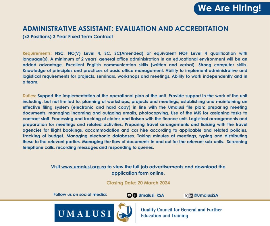 We are hiring! Administrative Assistant: Evaluation and Accreditation (x3 Positions) - 3 Year Fixed Term Contract. Visit our website for more info: umalusi-online.org.za/erecruitment.v… Applications are due on 20 March 2024. #JobSeekersSA #JobSeekersWednesday