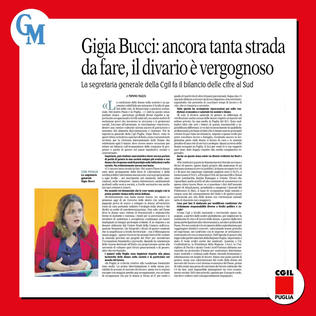cgilpuglia's tweet photo. 📰 La Puglia è tra le peggiori regioni europee per gap di genere sull’occupazione con il 37% di donne occupate e una differenza salariale del 32% in meno rispetto agli uomini.
L’intervista di @BucciGigia su @LaGazzettaWeb per #8marzo2024 #giornatainternazionaledelladonna https://t.co/bs15OhVbm9