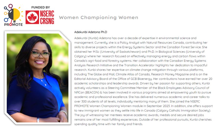 Adekunbi (Kunbi) Adetona, Ph.D. (@kunbiadetona) on Twitter photo As we celebrate International Women's Day, I am honoured to be among the women in science contributing to the
<a href="/NSERC_PROMOTE/">NSERC CREATE PROMOTE Program</a> mentoring program. The experience is truly rewarding! Excited for more opportunities to support and champion women. #womeninscience #InternationalWomensDay As we celebrate International Women's Day, I am honoured to be among the women in science contributing to the
<a href="/NSERC_PROMOTE/">NSERC CREATE PROMOTE Program</a> mentoring program. The experience is truly rewarding! Excited for more opportunities to support and champion women. #womeninscience #InternationalWomensDay
