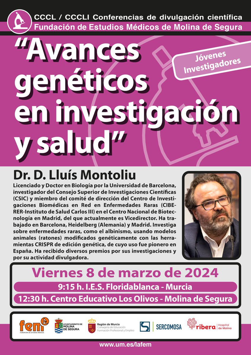 LluisMontoliu's tweet photo. Buenos días desde Murcia. Finalmente hoy la charla que se va a difundir a muchos otros IES de la región la impartiré desde el @iesflori y después la repetiré en el @ColeLosOlivos de Molina de Segura. Muchas gracias a @FemMolinaSegura @Finaglozano y a la @Educarm por la invitación https://t.co/TqnQ54lPrP