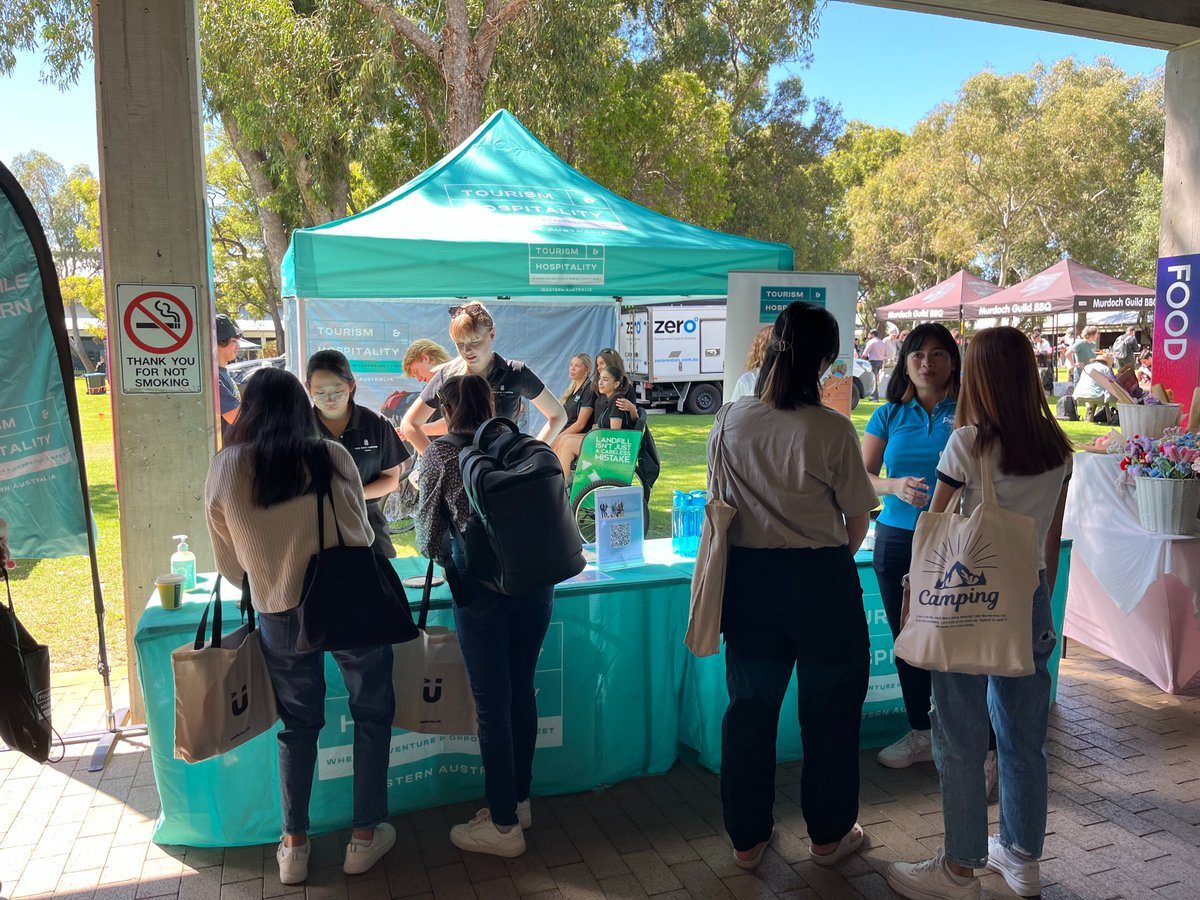 Murdoch_TE's tweet photo. A big thanks to @TourismWA, @StudyPerth, Peddal Perth, @RitzCarlton Perth and our student volunteer for running a buzzing stall promoting the broad range of jobs available in WA’s tourism and hospitality industry. Start your adventure today! Visit https://t.co/YLm8JstsAz https://t.co/AeGdiwg5Mn