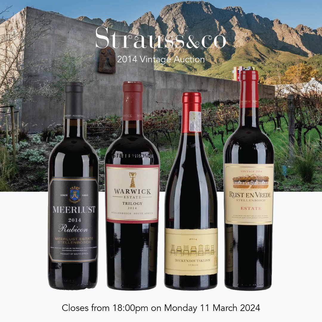 Strauss & Co Fine Wine Auction (@straussfinewine) on Twitter photo Last few days to place your bids.
The SA line-up of 2014’s on auction is hugely diverse however, with standout wines from Boekenhoutskloof, Boschkloof, Warwick, Kanonkop, Meerlust, Rust en Vrede, Savage and more.
Auction closes Monday, 11 March from 6pm
zurl.co/K29C Last few days to place your bids.
The SA line-up of 2014’s on auction is hugely diverse however, with standout wines from Boekenhoutskloof, Boschkloof, Warwick, Kanonkop, Meerlust, Rust en Vrede, Savage and more.
Auction closes Monday, 11 March from 6pm
zurl.co/K29C
