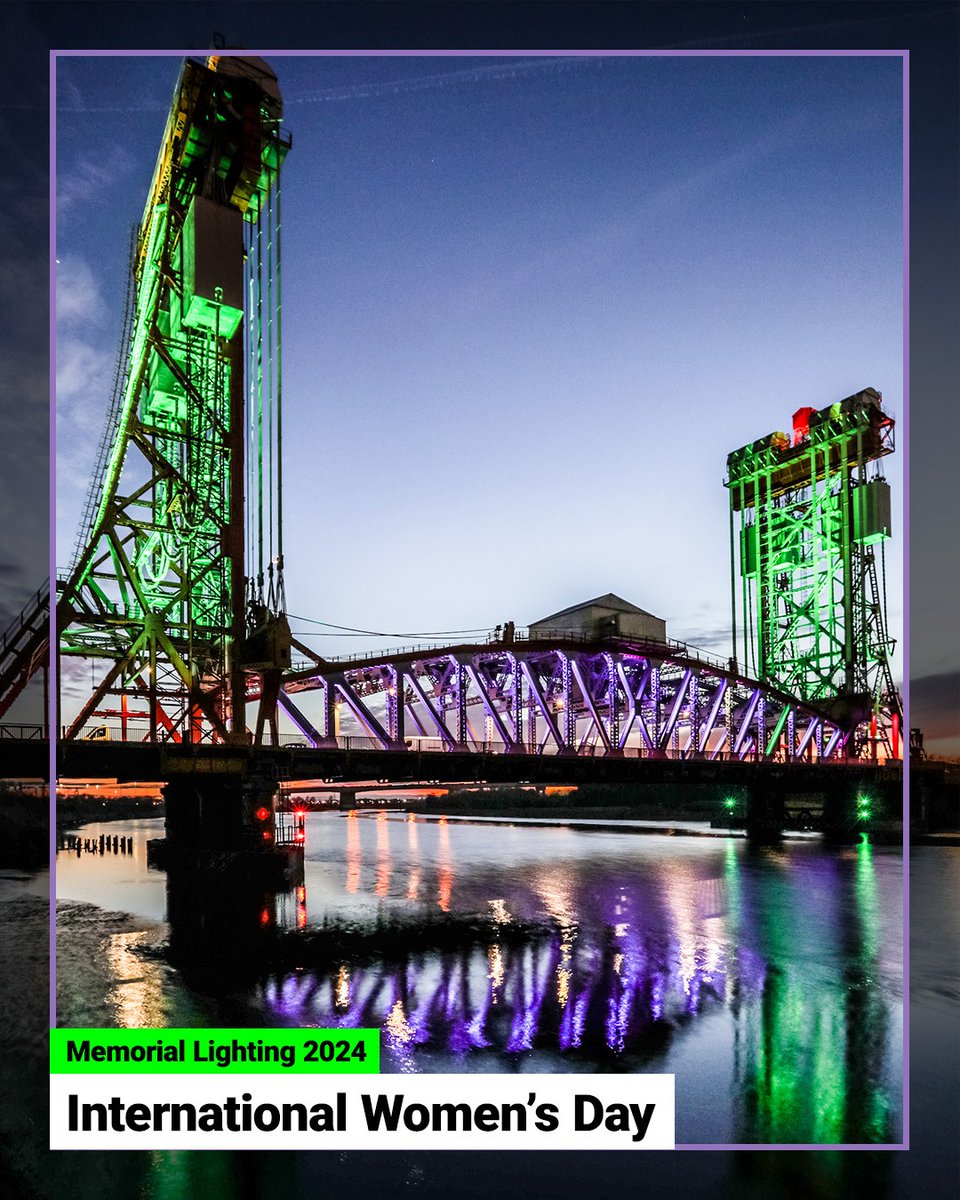 stocktoncouncil's tweet photo. 🤝 We are illuminating Stockton Town Centre, Stockton Riverside and Newport Bridge in white, purple and green to mark #InternationalWomensDay2024
 
👏 This year's theme is ‘Inspire Inclusion’, with the aim of reducing gender inequality.  
 
👉 For info: https://t.co/mK0Th0O3fv https://t.co/3XvaYoHaPg