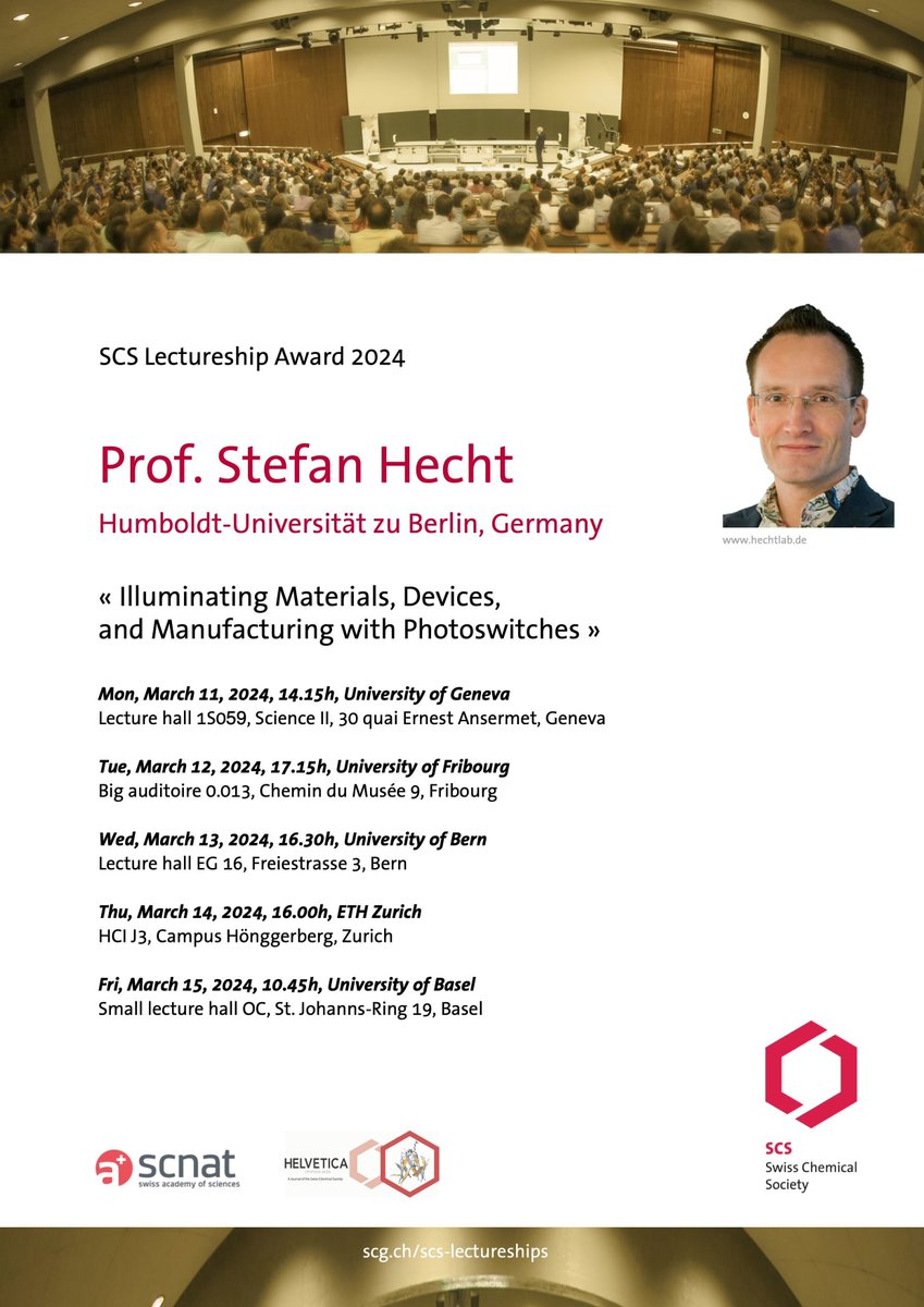 Join us at the SCS lectureship award 2024 in Geneva, where Prof. Stefan Hecht is set to deliver a talk on Illuminating Materials, Devices, and Manufacturing with Photoswitches.