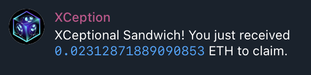faction_fenix's tweet photo. My first true MEV with $Xcept #MEVception bot. @XCeption_bots
thanks to the team for the best product this bull run will see.
Everyone is going to be seeing a lot more sandwhichs and it wont be from jarodfromsubway.eth anymore.
Keep an eye out for xceptit.eth in meme pool https://t.co/8OGlgPIcx7