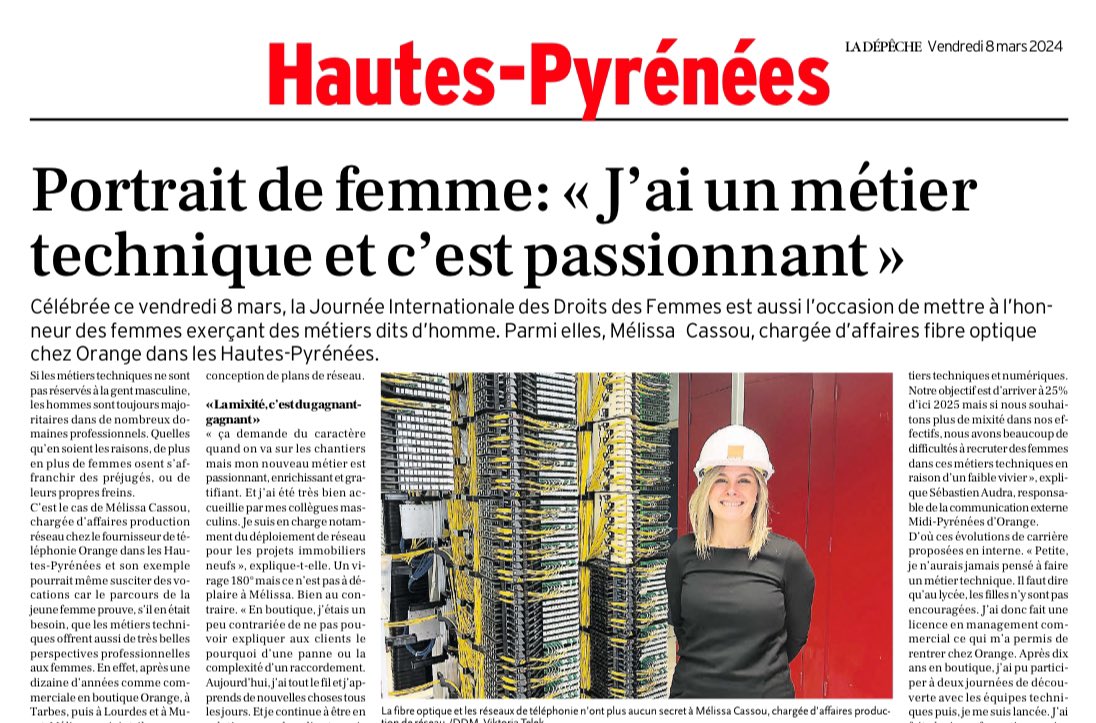 À lire dans <a href="/ladepechedumidi/">La Dépêche du Midi</a> Hautes-Pyrénées, le portrait de Mélissa, Chargée d’affaires fibre optique chez <a href="/OrangeOccitanie/">Orange Occitanie</a> : « J’ai un mrétier technique et c’est passionnant »

#DroitsDesFemmes