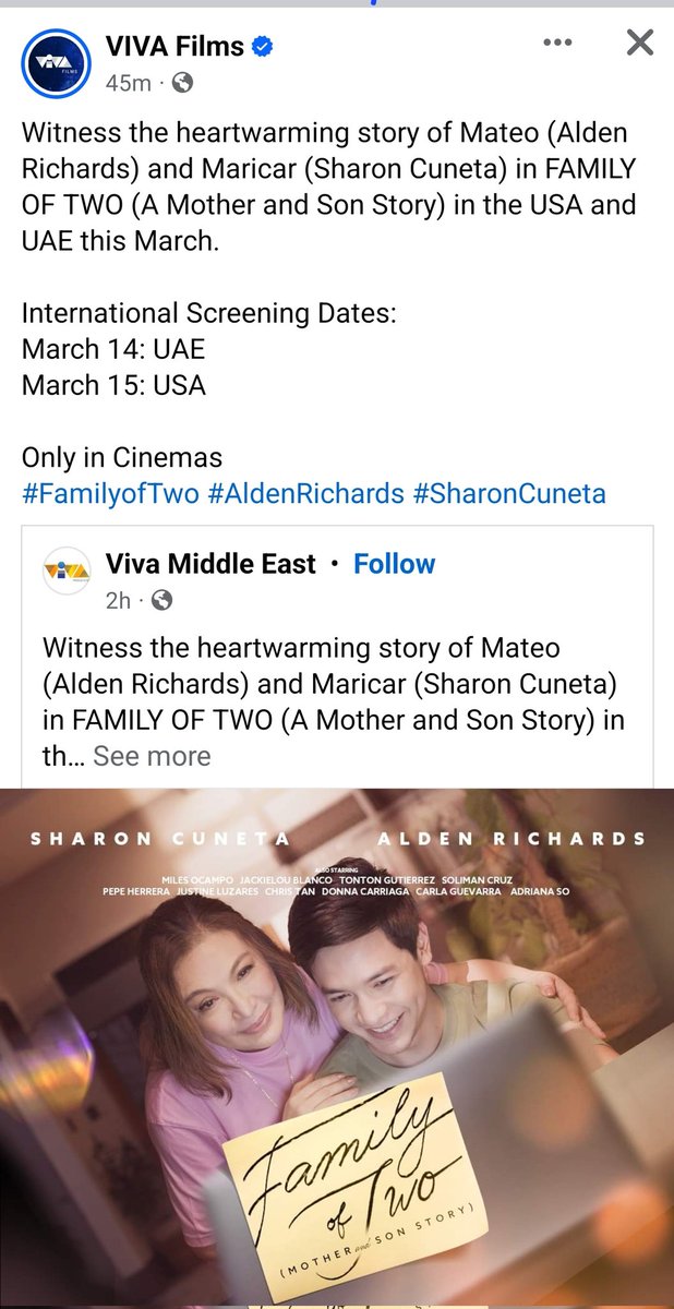 SchlubachJane's tweet photo. Family of Two starring Megastar Sharon Cuneta and one of the best actors today, Alden Richards. Nag-post na ang Viva Films. Abangan sa UAE at USA sa March 14th and 15th. #FamilyOfTwo #SharonCuneta #AldenRichards @sharon_cuneta12 @aldenrichards02 @directfromncn https://t.co/SdInOYaEa5