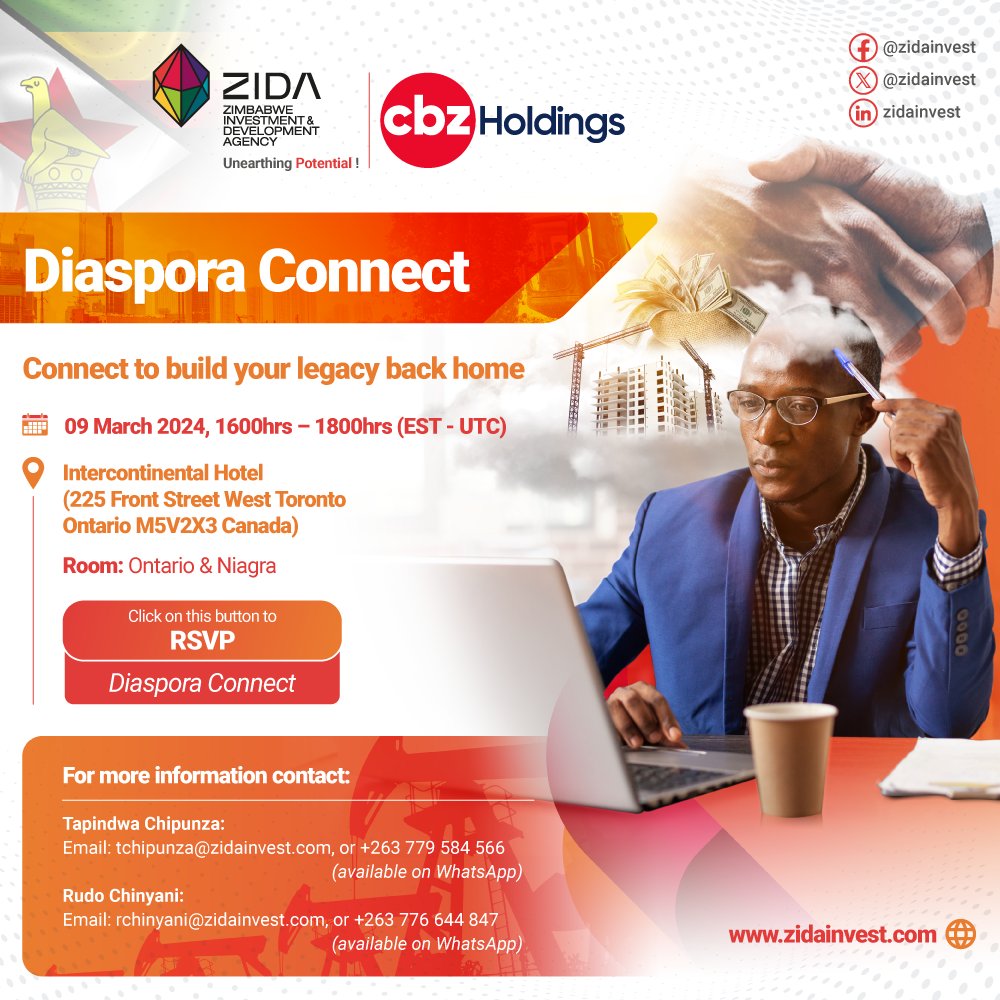 We are inviting you to join us at the Diaspora Connect Event in Toronto on March 9th 2024, from 1600hrs to 1800hrs at the Intercontinental Hotel Room Ontario and Niagara. Discover investment opportunities in Zimbabwe. Please Confirm your attendance here:lnkd.in/e_AekCKn.