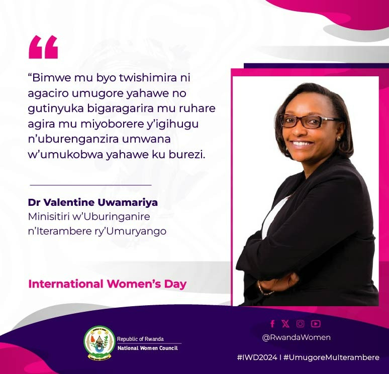 RwandaGender's tweet photo. Umugore yahawe agaciro n'amahirwe bingana n'iby'umugabo, umwana w'umukobwa agira uburenganzira nk'ubwa musaza we mu burezi. Ibi byagize uruhare uruhare rukomeye mu miyoborere y'u #Rwanda 
Minisitiri @Dr_Uwamariya 
#UmugoreMuIterambere
#IWD2024 https://t.co/Xff1VJ0DIj
