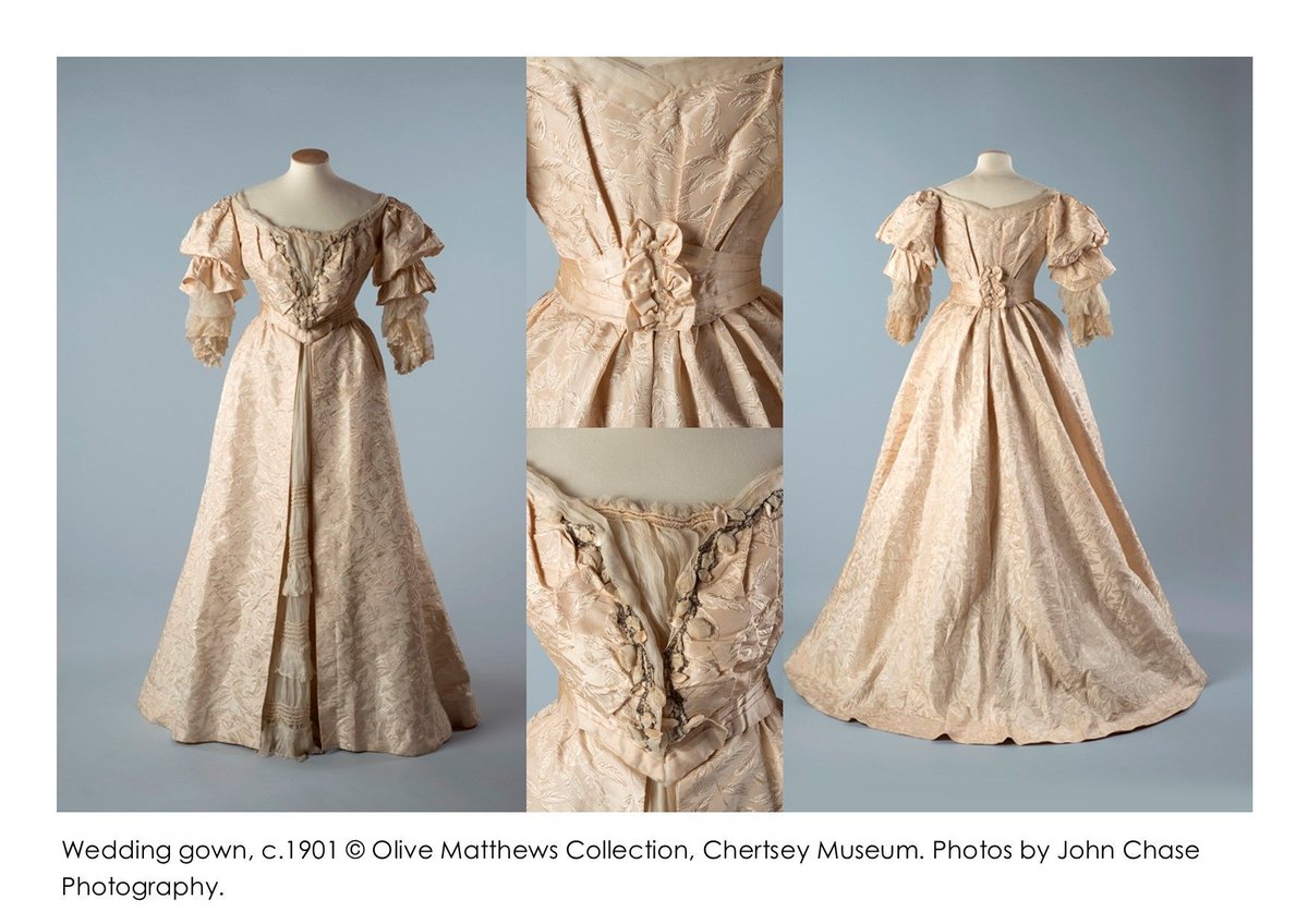 #FridayFrocks – #SpringBrides. This week a c.1901 figured silk gown. A bride is seen from the back as she walks down the aisle, so designers often add features to the back of a gown. Here three bows are added at waist level. @johnchasephoto