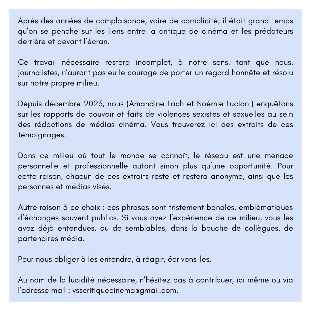 En ce #8mars, nous avons décidé de lancer le #balancetonmediacine. 

Nous refusons que l'on baisse les yeux devant ce qui se passe au sein de la critique de cinéma