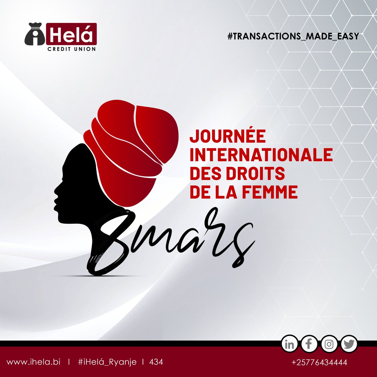 #InternationalWomensDay

#iHelá_ryanje
#cashlesssociety
#transactions_made_easy
#mobile_money
#ihela_merchantservices
ihela.bi