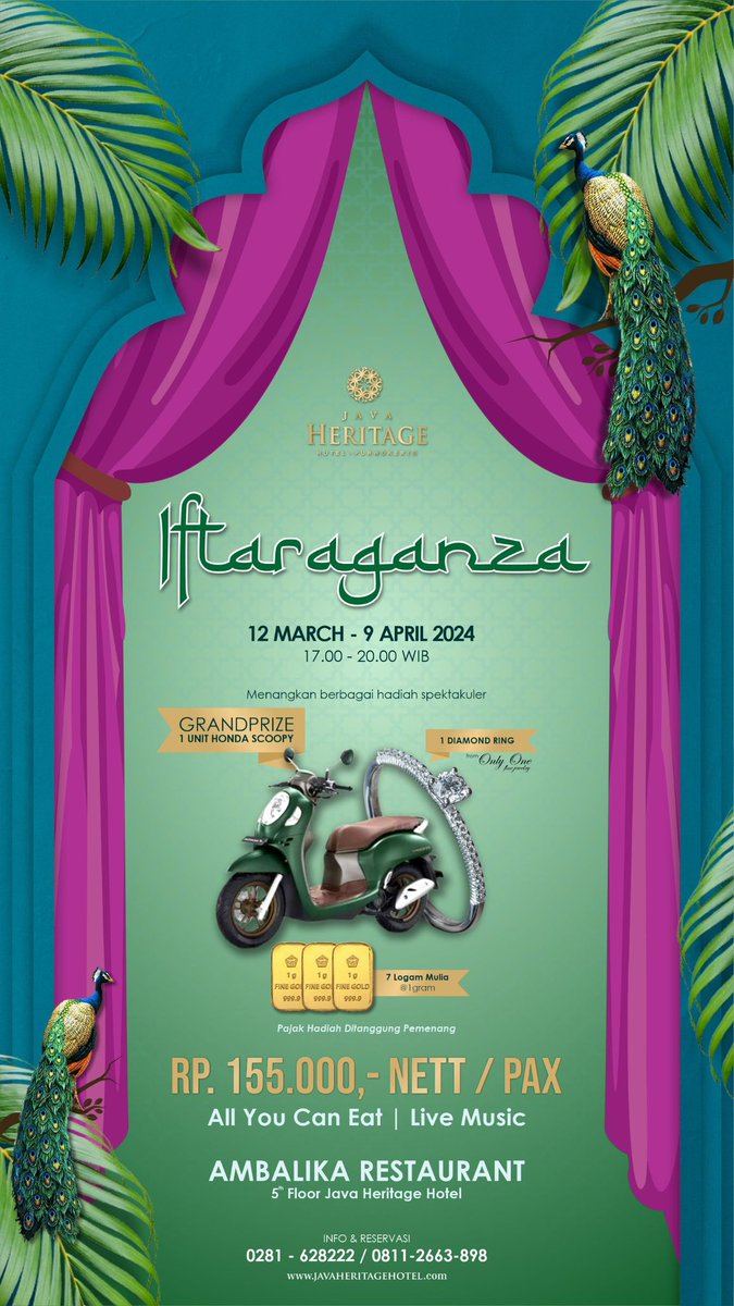 JavaHeritagePWT's tweet photo. Ramadhan Kareem✨

Agendakan bukber bersama dengan keluarga dan orang terdekat hanya di Java Heritage. Dengan 155K, bisa makan sepuasnya dan berkesempatan memenangkan 1 unit sepeda motor dan berlian💍✨
Yuk langsung reservasi sekarang jugaa😍

Info n Resv
08112663898 https://t.co/0FDaFbwu1a