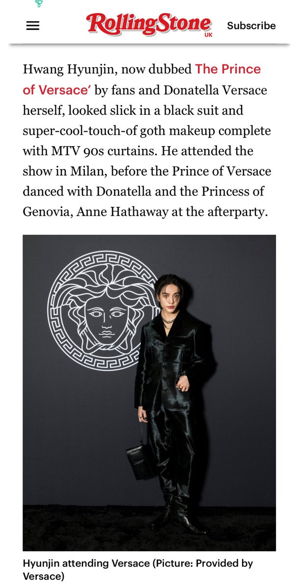 🗞️ Hyunjin in Rolling Stone UK for Milan Fashion Week

“Hwang Hyunjin, now dubbed The Prince of Versace’ by fans and Donatella Versace herself, looked slick in a black suit..”

🔗rollingstone.co.uk/culture/stray-…

#HyunjinxVersaceFW24
#VersaceFW24
#Hyunjin 
#MilanFashionWeek
@Versace