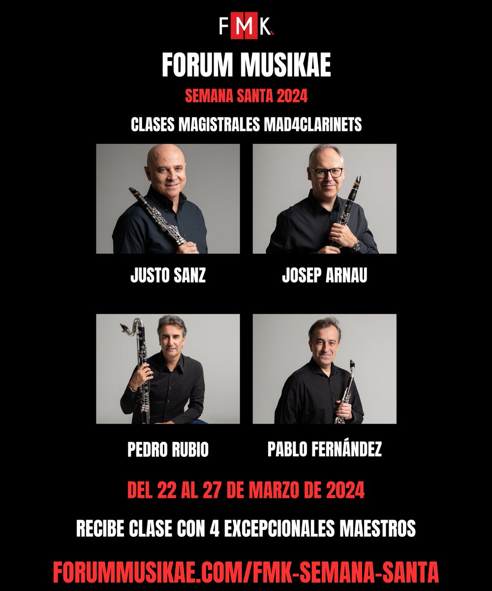 ForumMusikae's tweet photo. ¡Últimas plazas disponibles para inscribirte en el Forum Musikae Semana Santa 2024 y estudiar con Justo Sanz, Josep Arnau, Pedro Rubio y Pablo Fernández (MAD4clarinets)!

https://t.co/T6VLp7etBm

#ForumMusikaeSemanaSanta #Masterclassdeclarinete #mad4clarinets #CursoDeSemanaSanta" https://t.co/abkt6BLVJI