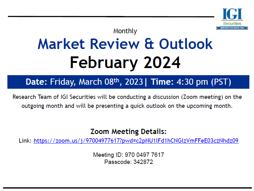 igisec's tweet photo. Monthly Market Review &amp; Outlook by IGI Securities  

Join us for an interactive session on market   

| Date: Friday, March 08th, 2023
| Time: 04:30 pm (PST)  

Zoom Meeting Link:   

Link: https://t.co/Gvtm212z7Z
Meeting ID: 970 0497 7617
Passcode: 342872 https://t.co/eJUkmgVOuN