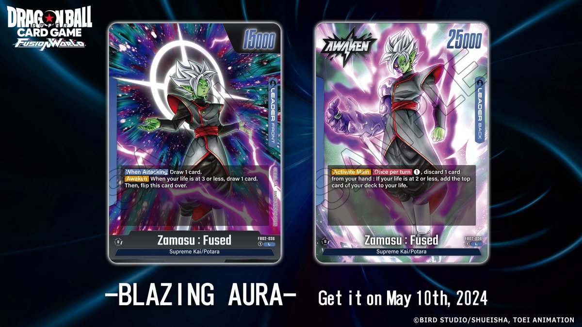 Fusion World Booster Pack FB02 -BLAZING AURA- Card Reveals] Today's reveal  is a Blue Leader card, Zamasu: Fused! Check it out! Release: May 10th,  2024! Details: https://t.co/yQAs2wr2Xo Stay tuned for more reveals! #