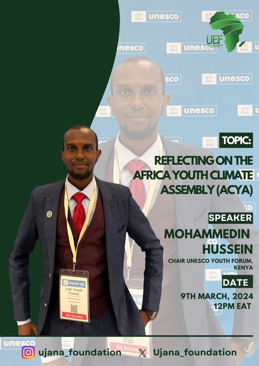 Excited to join @UjanaFoundation from Uganda for an online webinar discussing the Africa Youth Climate Assembly declaration & its relation to the 13th @UNESCO Youth Forum declaration. Register here shorturl.at/cdfhZ to join us at 12pm EAT on zoom. #ClimateAction