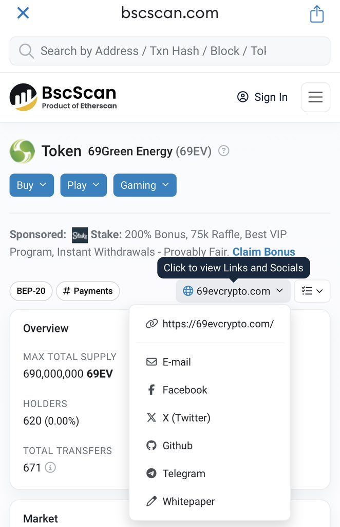 69EVcoin's tweet photo. BSC SCAN verify Logo already 
Now 69ev Token already verify logo 

BscScan is a blockchain explorer for the Binance Smart Chain (BSC), providing users with information about transactions, addresses, tokens, and other relevant data on the BSC network. It's commonly used to track and verify activities within the Binance Smart Chain ecosystem. If you have specific questions or need assistance with anything related to BscScan or BSC.
Buy token https://t.co/OQXCwBuy5B

https://t.co/CPbH46geiZ

#69ev #BSC #Binance #crypto #cryptocerrency #bitcoin #คลิปโต #ev #evstation
