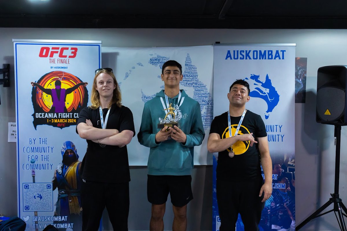 AusKombat's tweet photo. Congratulations to our top 3 from #OFC3!
🥇 @Nickymabob
🥈 @wifi_scorpion
🥉 @brendan17xo
Putting on an incredible show with nail biting sets from start to finish. Well done and we look forward to more results in 2024! https://t.co/hwGQOiPuTA