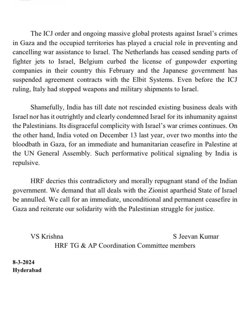 Press Release: Adani’s Greed Amidst the Genocide in Gaza The Human Rights Forum strongly condemns Adani’s recent agreements with Israel that include the sending of advanced drones with the clear potential to be deployed in aid of the ongoing genocide of Palestinians in Gaza.