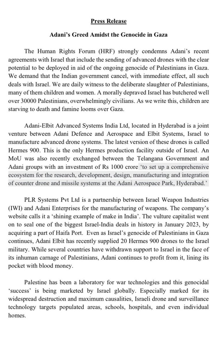 HRF_Humanrights's tweet photo. Press Release:

Adani’s Greed Amidst the Genocide in Gaza

The Human Rights Forum strongly condemns Adani’s recent agreements with Israel that include the sending of advanced drones with the clear potential to be deployed in aid of the ongoing genocide of Palestinians in Gaza. https://t.co/DyPTnVaJhG