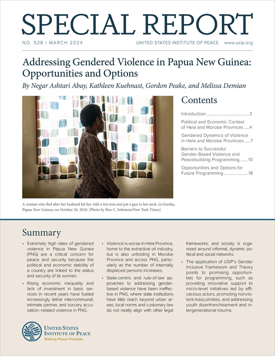 Our new #SpecialReport by Negar Ashtari Abay, @kathkuehnast, @GordonPeake and Melissa Demian identifies approaches for reducing gender-based violence and effecting meaningful and lasting change in #PapuaNewGuinea. In honor of #IWD2024, read the report: usip.org/publications/2…