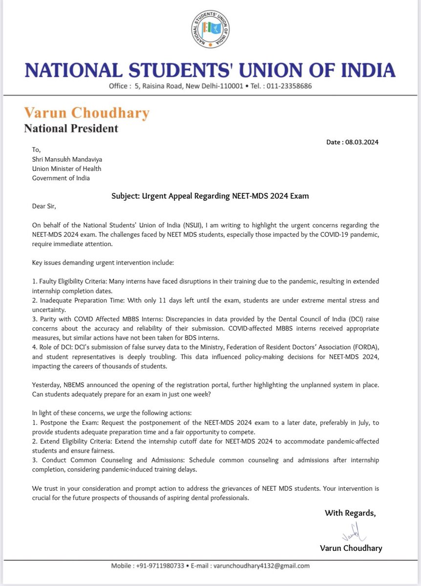 NSUIAndaman's tweet image. Shri @mansukhmandviya Ji,

@nsui urges your immediate attention to the pressing issues surrounding the  #NeetMDS2024 exam. 

Students are facing unprecedented challenges, demanding @MoHFW_INDIA urgent intervention.

You should hear to demands of thousands of professionals.